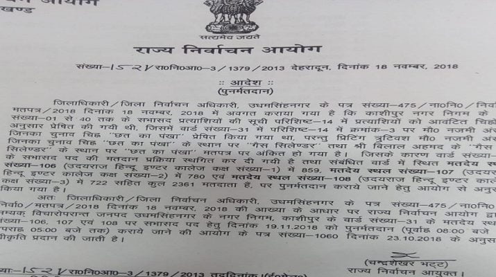 निकाय चुनाव: काशीपुर में लापरवाही के चलते नपे अधिकारी, 19 नवंबर को होगा पुनः मतदान 1 Hello Uttarakhand News »