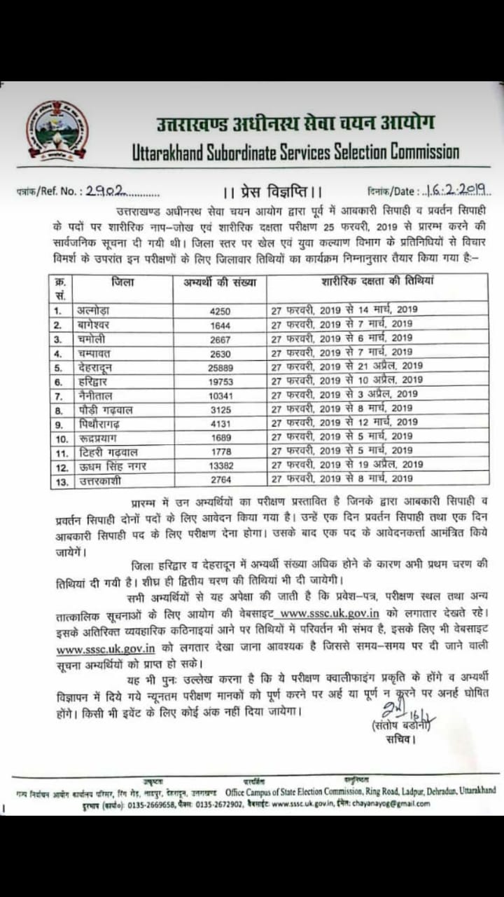 आबकारी व प्रवर्तन भर्ती की तिथि जानिए जिलेवार, होगा केवल क्वालीफाईंग 2 Hello Uttarakhand News »