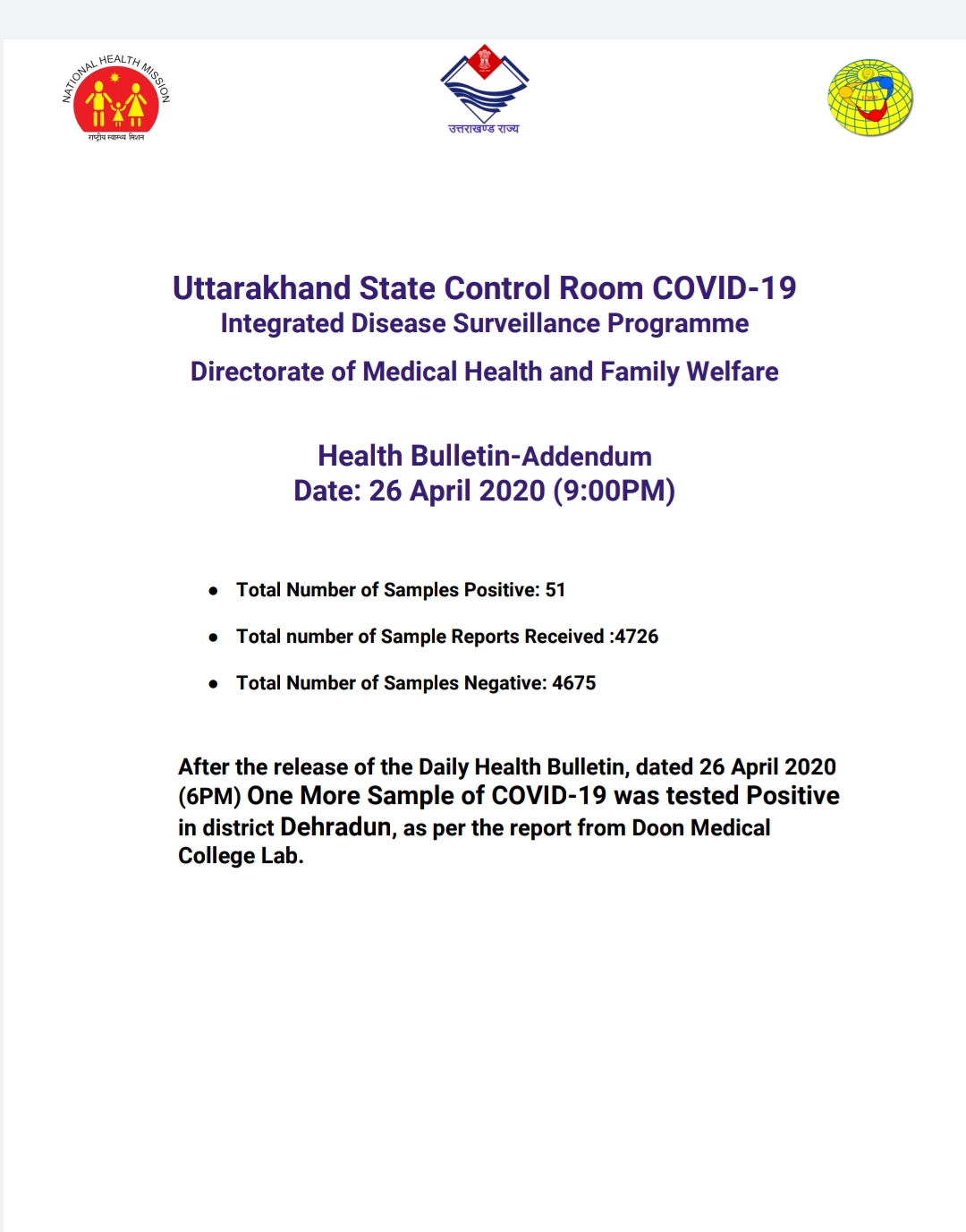उत्तराखंड कोरोना स्वास्थ्य बुलेटिन (COVID-19) 26 /04/2020, 09:00 pm, एक और सकारात्मक मामला 2 उत्तराखंड कोरोना स्वास्थ्य बुलेटिन (COVID-19) 26 /04/2020, 09:00 pm, एक और सकारात्मक मामला 2 Hello Uttarakhand News »