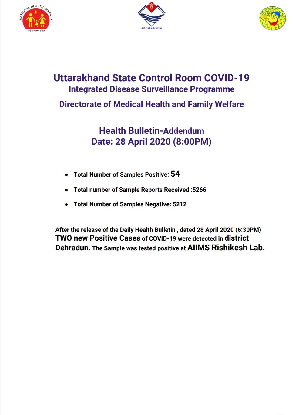 उत्तराखंड कोरोना स्वास्थ्य बुलेटिन (COVID-19) 28/04/2020 शाम 08:00 की रिपोर्ट, आज 3 की हुई पुष्टि 2 Hello Uttarakhand News »