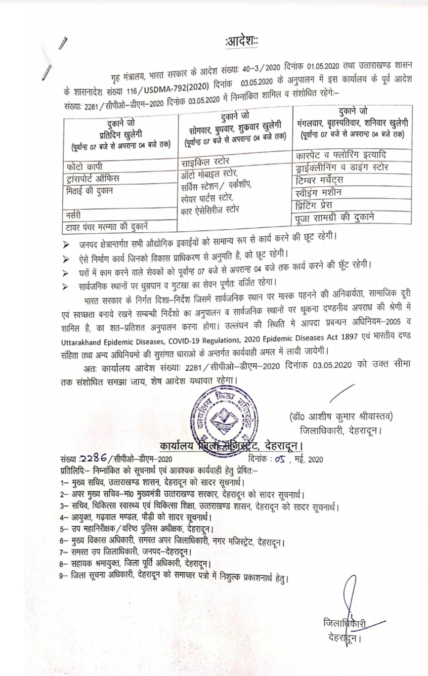 देहरादून में दुकाने/संस्थाएं खोलने के पूर्व आदेश में संशोधन, जानिए क्या है संशोधिन 2 Hello Uttarakhand News »
