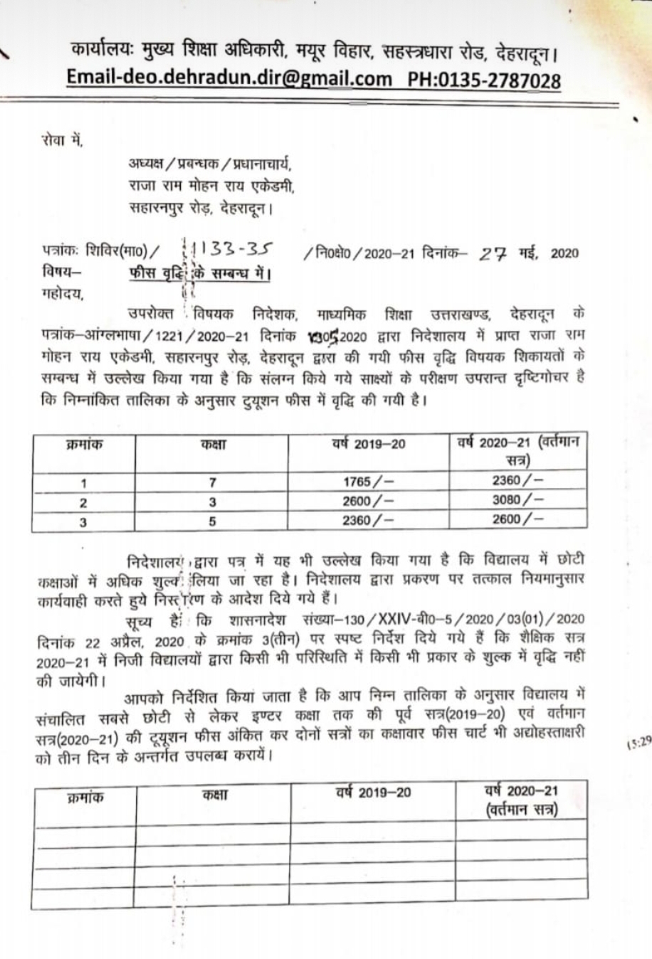 राजा राम मोहन राय एकेडमी को फीस वृद्धि मामले में शिक्षा विभाग से जवाब तलब 2 Hello Uttarakhand News »