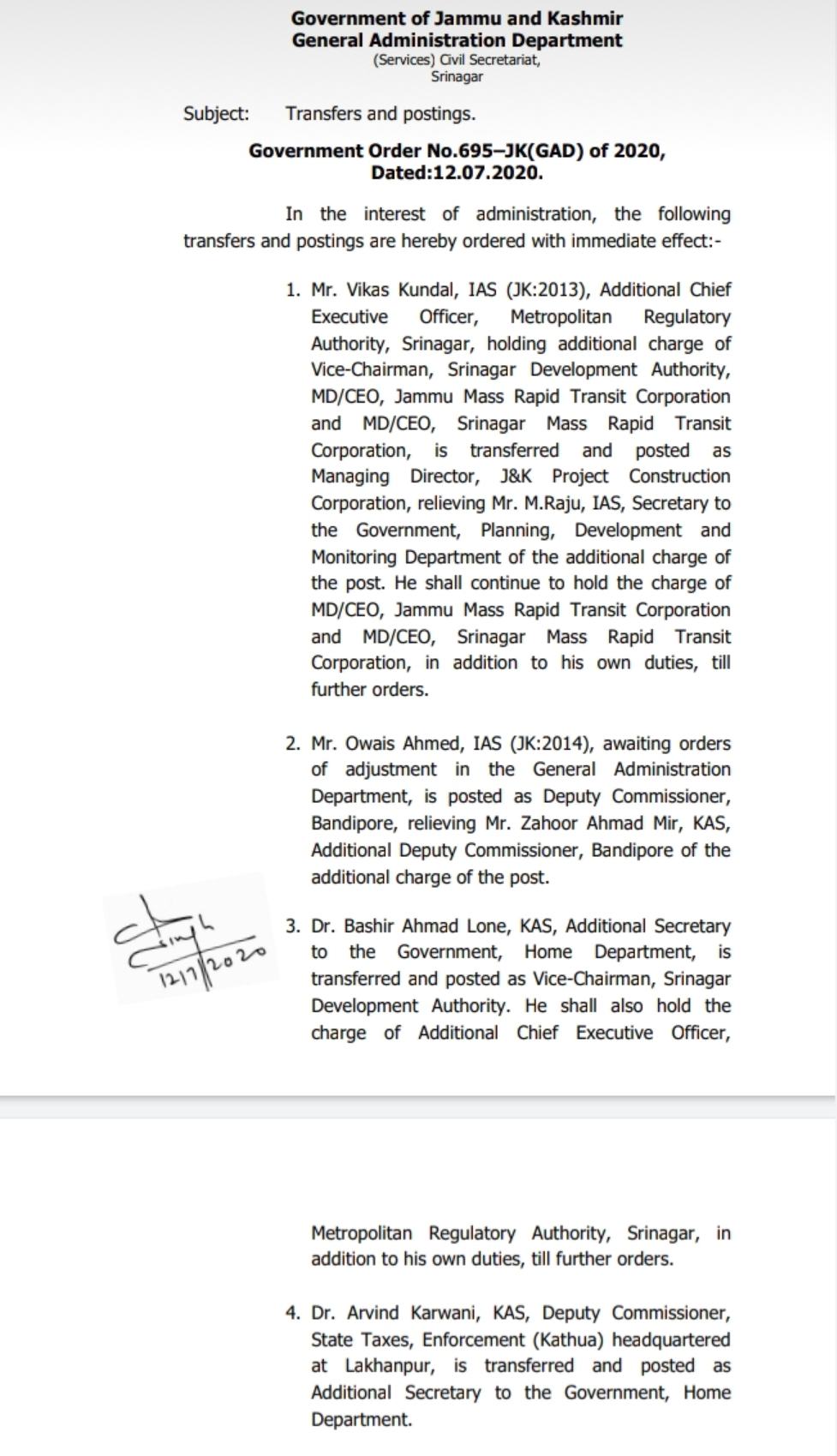 Transfer of IAS and KAS in Jammu & Kashmir Administration 2 Hello Uttarakhand News »