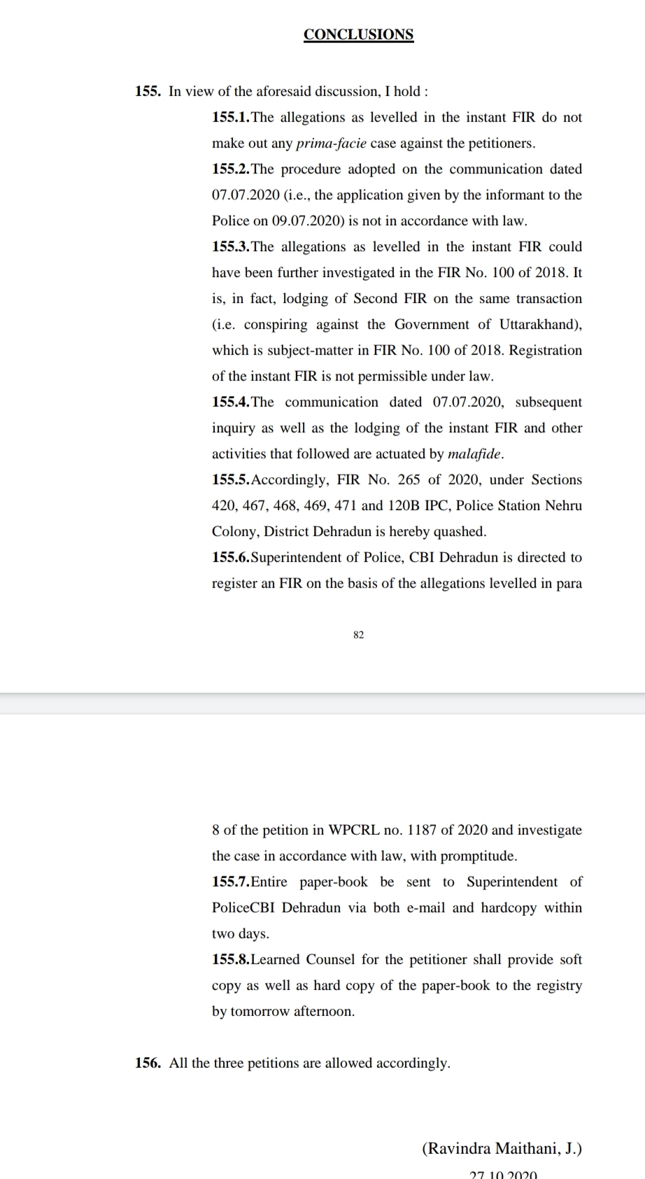 उत्तराखंड हाई कोर्ट: राज्य सरकार द्वारा पत्रकारों के खिलाफ दर्ज एफआईआर को रद्द करने के निर्देश, मुख्यमंत्री के खिलाफ आरोपों की जांच करे CBI, नरेन्द्रे सिंह नेगी द्वारा करप्शन पर लिखी गए लोकगीतों का भी आदेश में वर्णन 3 Hello Uttarakhand News »