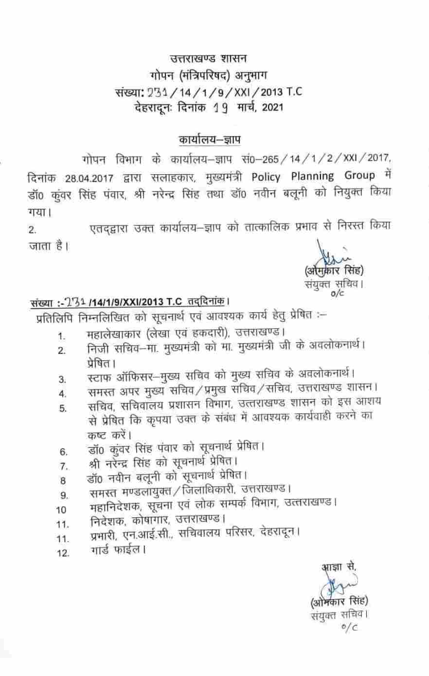 मुख्यमंत्री तीरथ सिंह रावत का एक और मास्टरस्ट्रोक, पूर्व मुख़्यमंत्री त्रिवेंद्र सिंह रावत द्वारा नियुक्त 5 सलाहकारों की हुई छुट्टी 1 Hello Uttarakhand News »