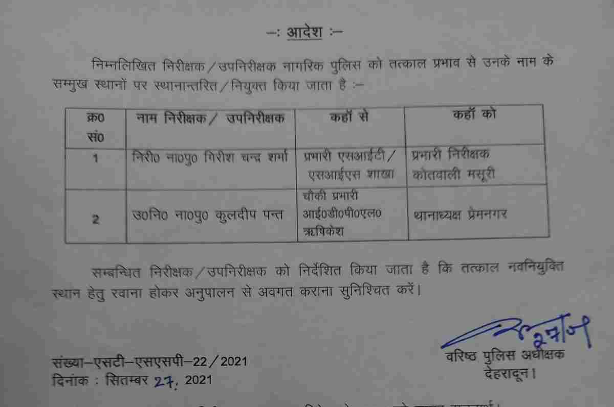 Dehradun: दून एसएसपी ने आज फिर निरीक्षकों व उप निरीक्षकों के किए तबादले 2 Hello Uttarakhand News »